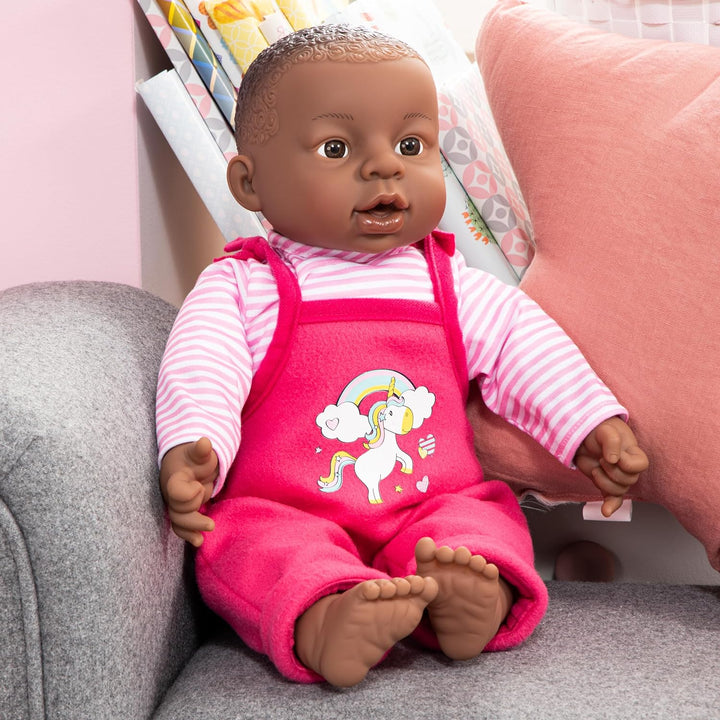 Bayer Design 94001AI Funktionspuppe, Babypuppe Brooky Girl, Mädchen, 12 Babylaute, 40cm, dunkelhäuti