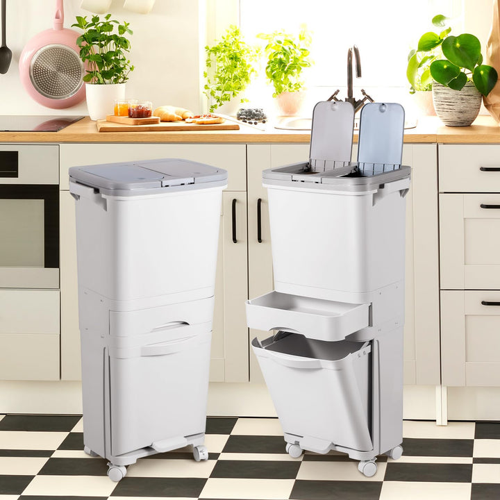 Mülleimer Küche mit 3 Fächern, Küchenmülleimer 42L, Tretmülleimer, Abfalleimer mit Deckel, Recycelba