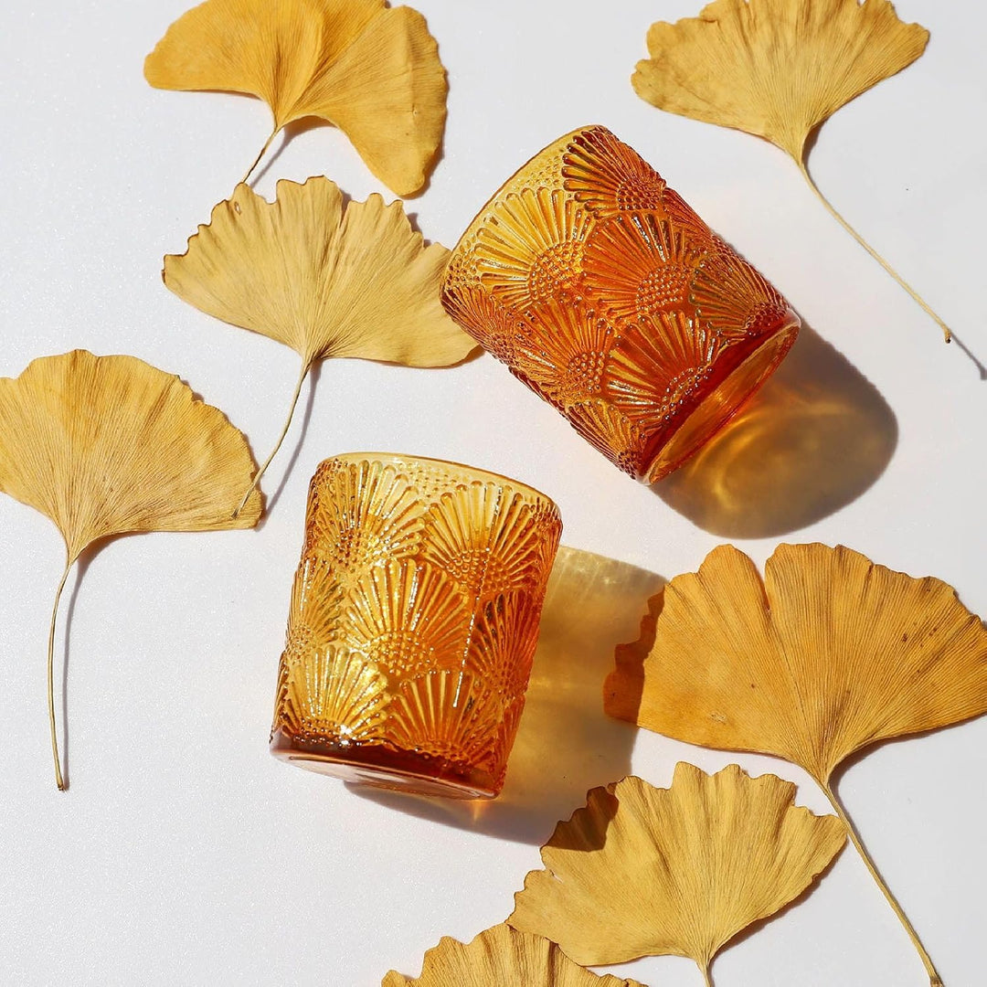12 Stück Amber Teelichthalter Glas, Ginkgo-Biloba Teelichter Gläser (5,5 W × 6,5 H cm) im Grosspack