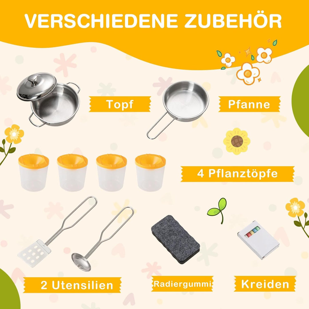 GOPLUS Matschküche Kinder, Spielküche Outdoor mit Pflanzentöpfen, Herdplatten, Abnehmbares Spülbecke