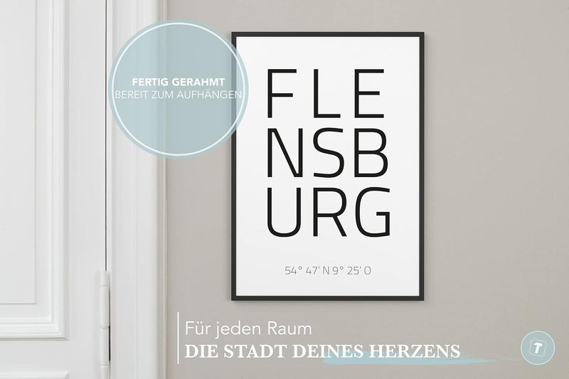 Papierschmiede® Geo Poster Koordinaten Flensburg, A3 Gerahmt im Holzrahmen (schwarz), Stadt Bild als