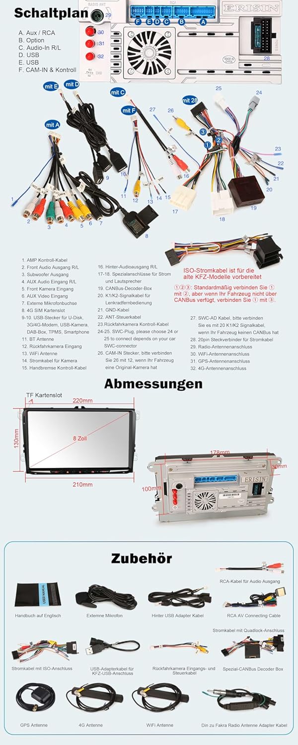 Erisin Android 14 Autoradio mit navi für VW Polo 6R Passat B6 B7 Golf 5/6 Touran T5 Tiguan Seat Skod