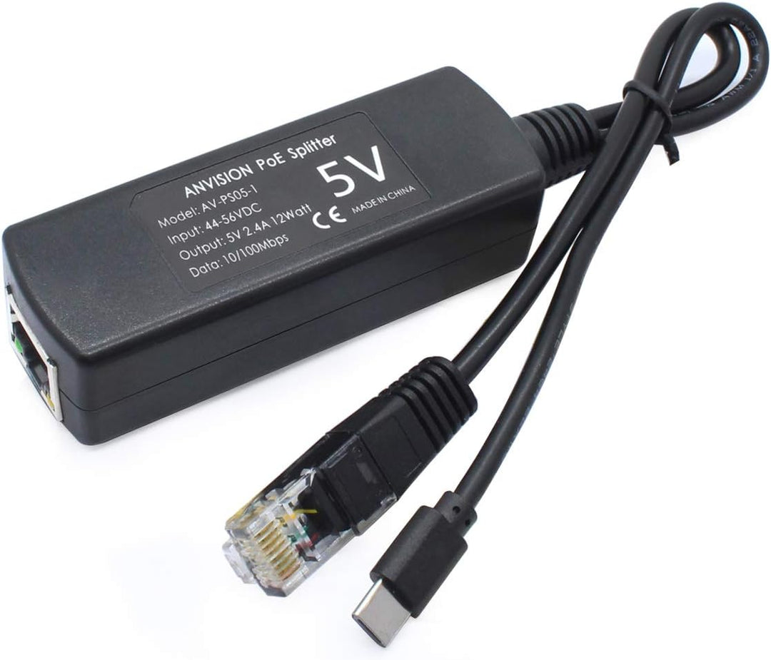 ANVISION PoE-Splitter, 5 V, USB Typ C, 48 V auf 5 V, 2,4 A, IEEE 802.3af-konform. USB C （5V), USB C