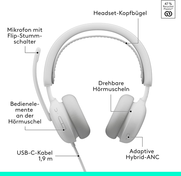 Logitech Zone Wired 2 – Headset mit Geräuschunterdrückung und Adaptive Hybrid-ANC, USB-C mit USB-A-A