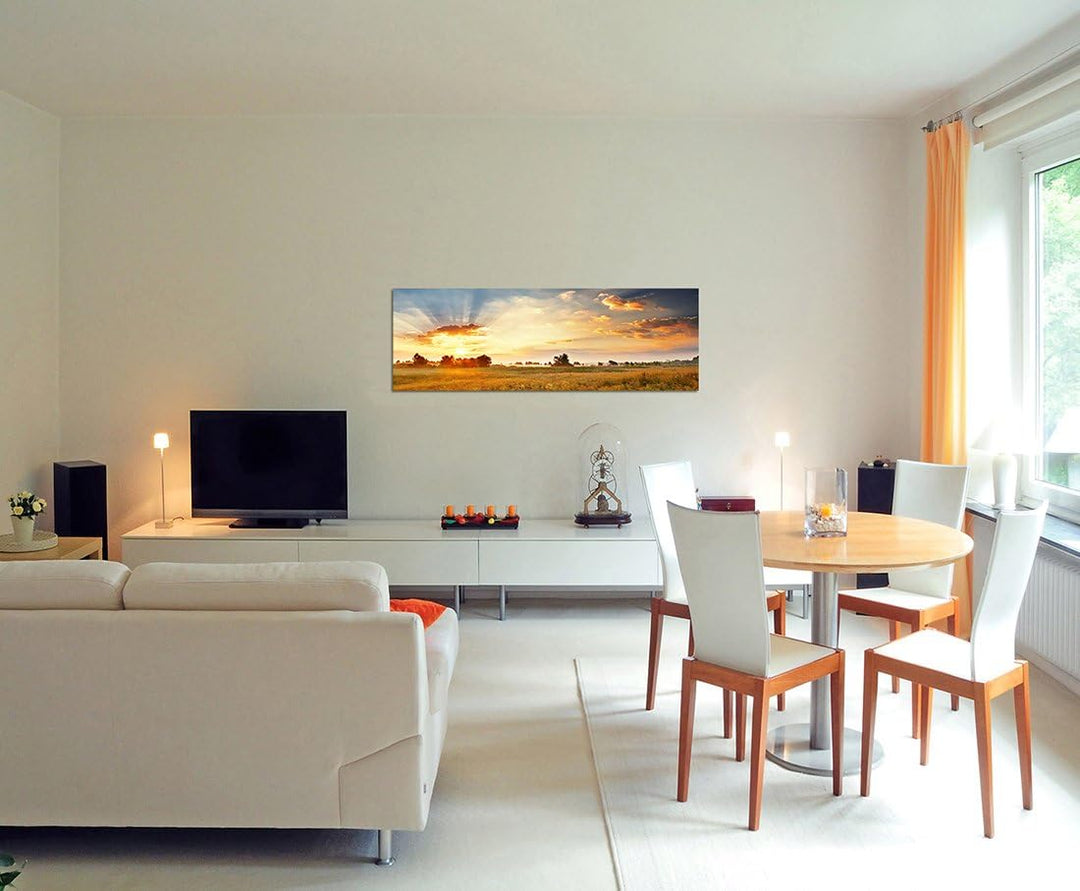 Paul Sinus Art Panoramabild auf Leinwand und Keilrahmen 120x40cm Wiese Landschaft Wolkenhimmel Sonne