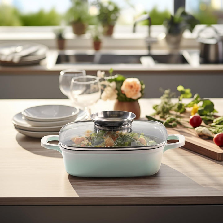 STONELINE Servierpfanne Eckig 20 cm, Eckige Pfanne Induktion mit Deckel, Aroma Funktion, Aluguss, An
