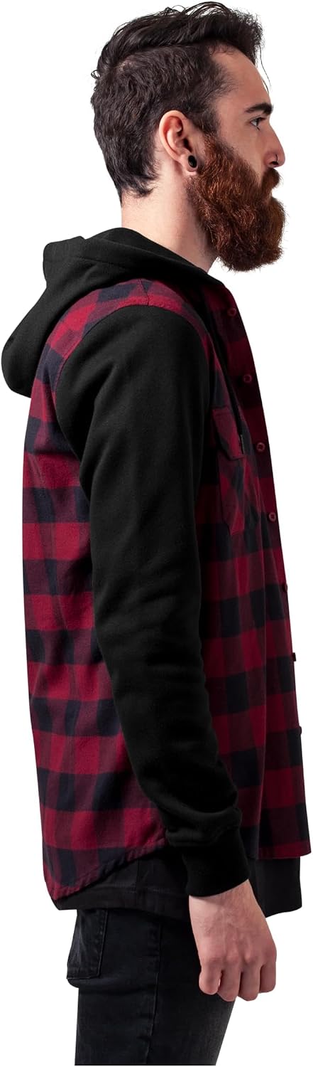 Urban Classics Herren Hooded Checked Flanell Sweat Sleeve Shirt M Blk/Burgundy/Blk, M Blk/Burgundy/B