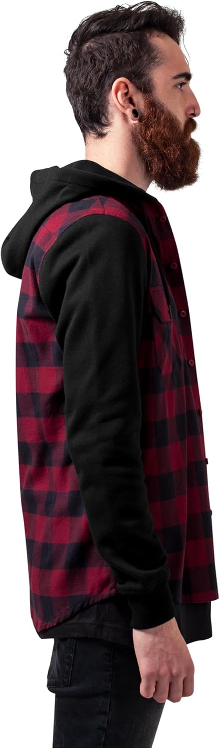 Urban Classics Herren Hooded Checked Flanell Sweat Sleeve Shirt Freizeithemd S Mehrfarbig (Blk/Burgu