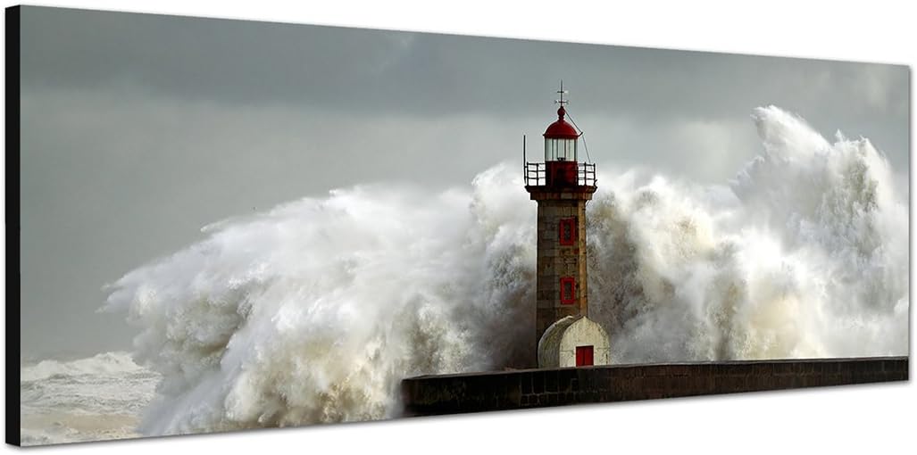 Paul Sinus Art Panoramabild auf Leinwand und Keilrahmen 150x50cm Meer Sturm Welle Leuchtturm
