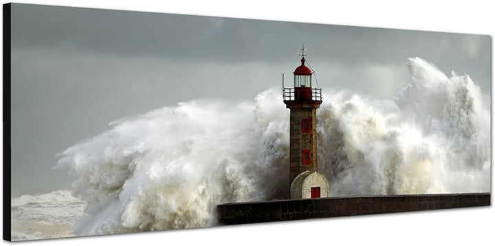 Paul Sinus Art Panoramabild auf Leinwand und Keilrahmen 150x50cm Meer Sturm Welle Leuchtturm