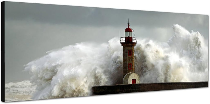 Paul Sinus Art Panoramabild auf Leinwand und Keilrahmen 150x50cm Meer Sturm Welle Leuchtturm