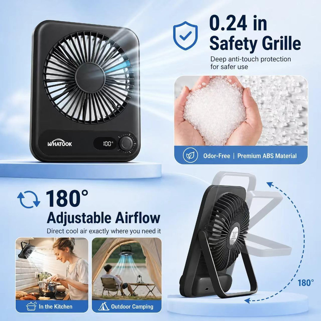 WHATOOK USB Ventilator Leiser: Stufenlos 1-100 Regler, 2000mAh Akku Tischventilator mit LED-Anzeige,