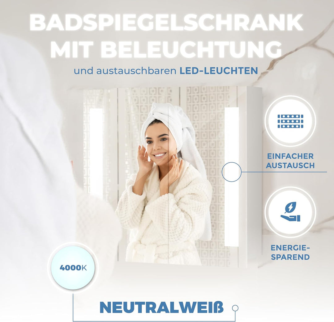 HAPA Design Bad Spiegelschrank mit Beleuchtung und Steckdose Venedig. Austauschbare LED Beleuchtung