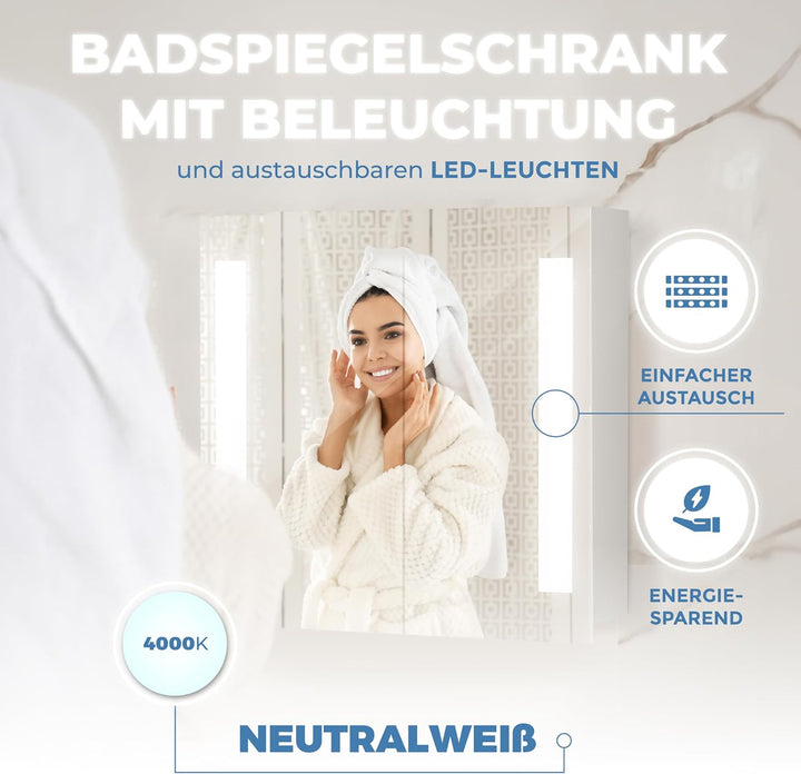 HAPA Design Bad Spiegelschrank mit Beleuchtung und Steckdose Venedig. Austauschbare LED Beleuchtung