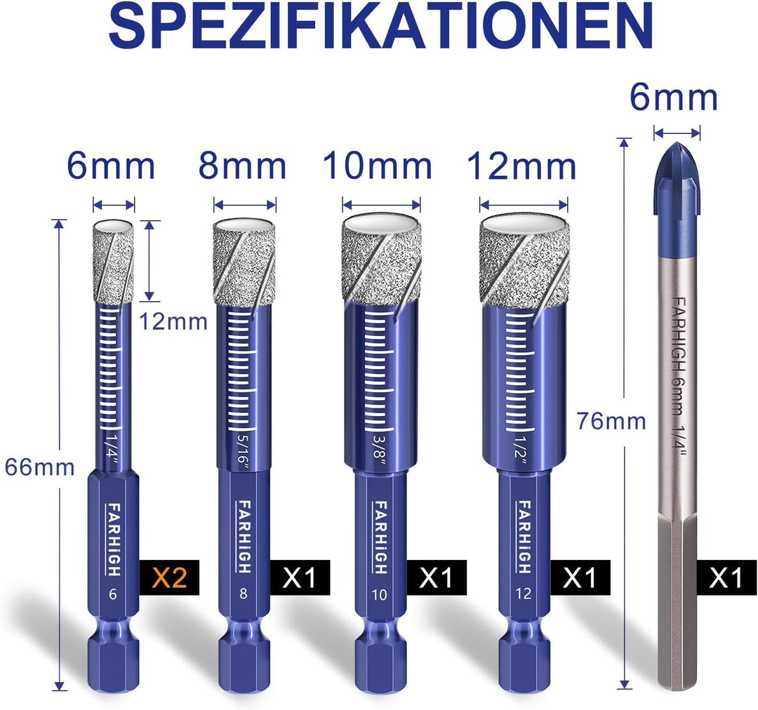Diamantbohrer Fliesenbohrer Glasbohrer Set 6 tlg. 6, 8, 10, 12mm & 6mm Wolframstahl-Legierungsbohrer