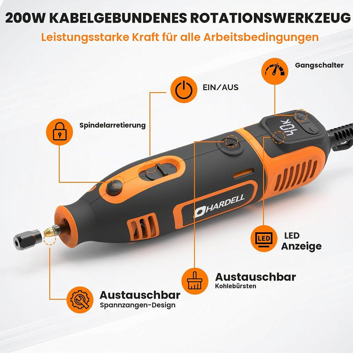 200W Corded Rotary Tool Kit with Fine Speed Control &amp; Flex Shaft 8000-40000 RPM Digital Display, 155