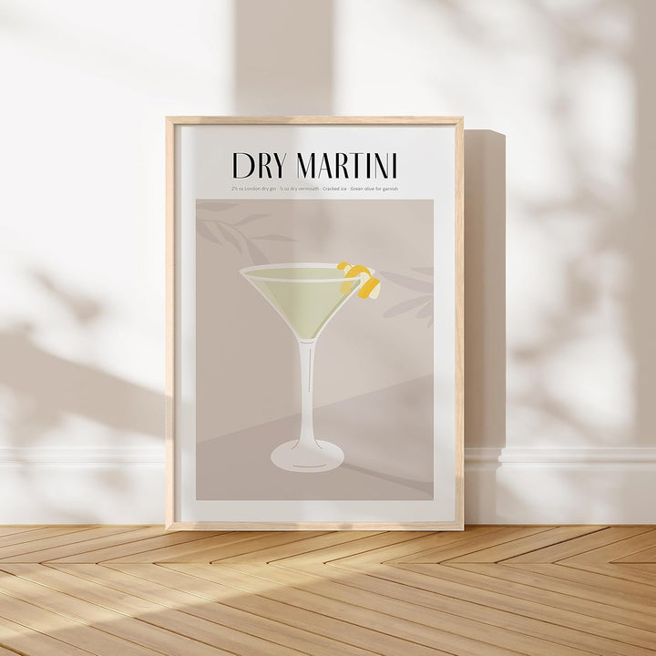 JUNOMI® Dry Martini Poster DIN A2, Cocktail, Longdrink, Bar, Getränke, Cocktail Set | Mit Rahmen Nat