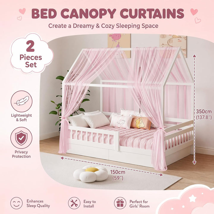 2 Stück Hausbett Himmel Set, Musselin Betthimmel für Kinderbett, weicher &amp; atmungsaktiver Baldachin