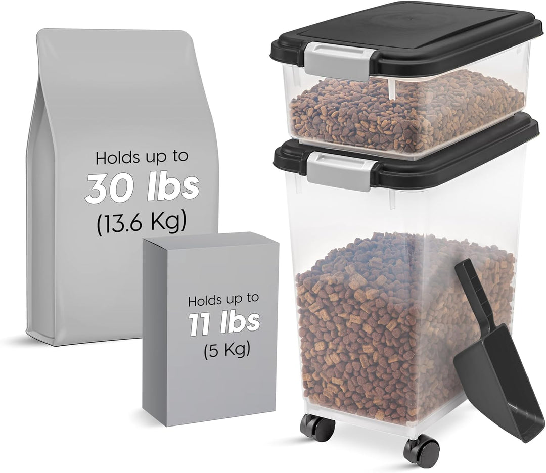 Iris Ohyama Katzenfutter Aufbewahrung mit Rollen, 30+10L, Schwarz, Luftdichte Futterbox, Trockenfutt