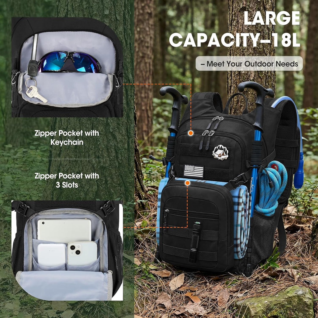 RAINSMORE Wanderrucksack 18L mit 2L Blase & Regenschutz | Leichter Trinkrucksack für Laufen, Radfahr