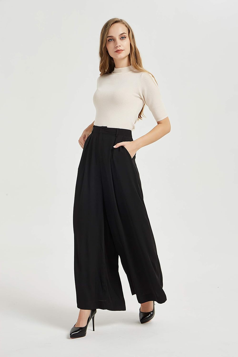 Tronjori Damen Hose Weites Bein Frauen Lange Hose mit Taschen Einfarbig Lose elastische Hohe Taille