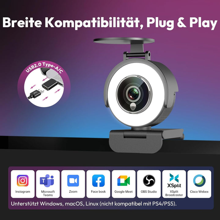 Angetube 4K Webcam mit Licht,PC-Kamera mit Zwei Mikrofonen,1080P@60FPS für flüssiges Streaming,USB-A