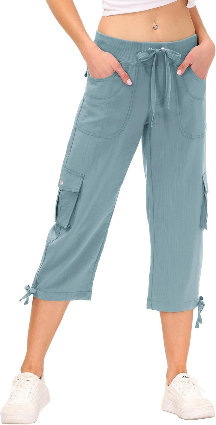 JINSHI Hosen Damen Sommer Cargohose 3/4 Lange Hosen Capri Freizeithose Outdoorhose Wanderhose mit Me