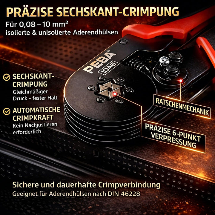 PEBA Crimpzange Set Sechskant, Aderendhülsenzange 0,08-10 mm², Selbsteinstellendes Crimpwerkzeug ink