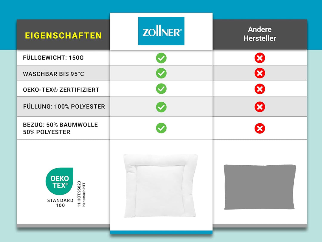 ZOLLNER flaches Kopfkissen für Kleinkinder - für Allergiker geeignet – Mischgewebe - waschbar bis 95