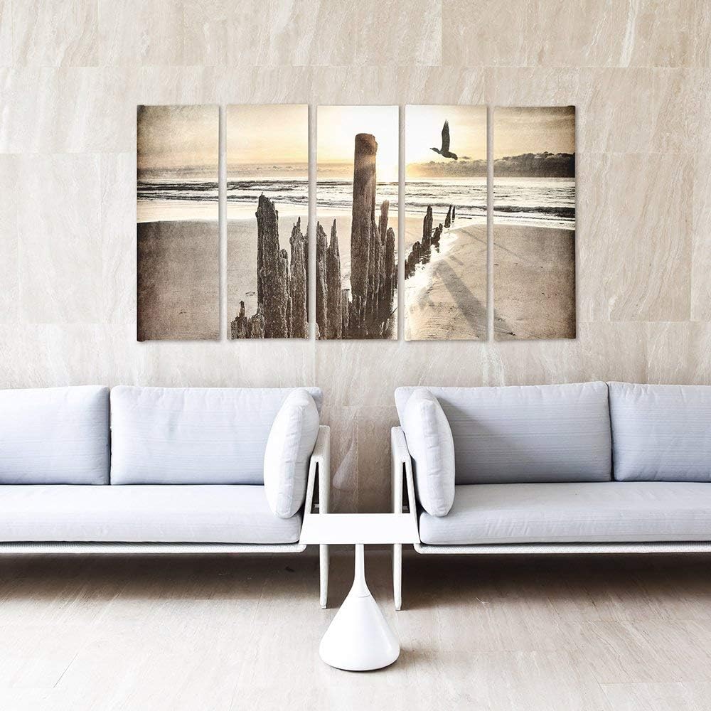 Feeby Frames, Leinwandbild Bilder Wand Bild - 5 Teile - Wandbilder Kunstdruck (WELLENBRECHERS, BRAUN