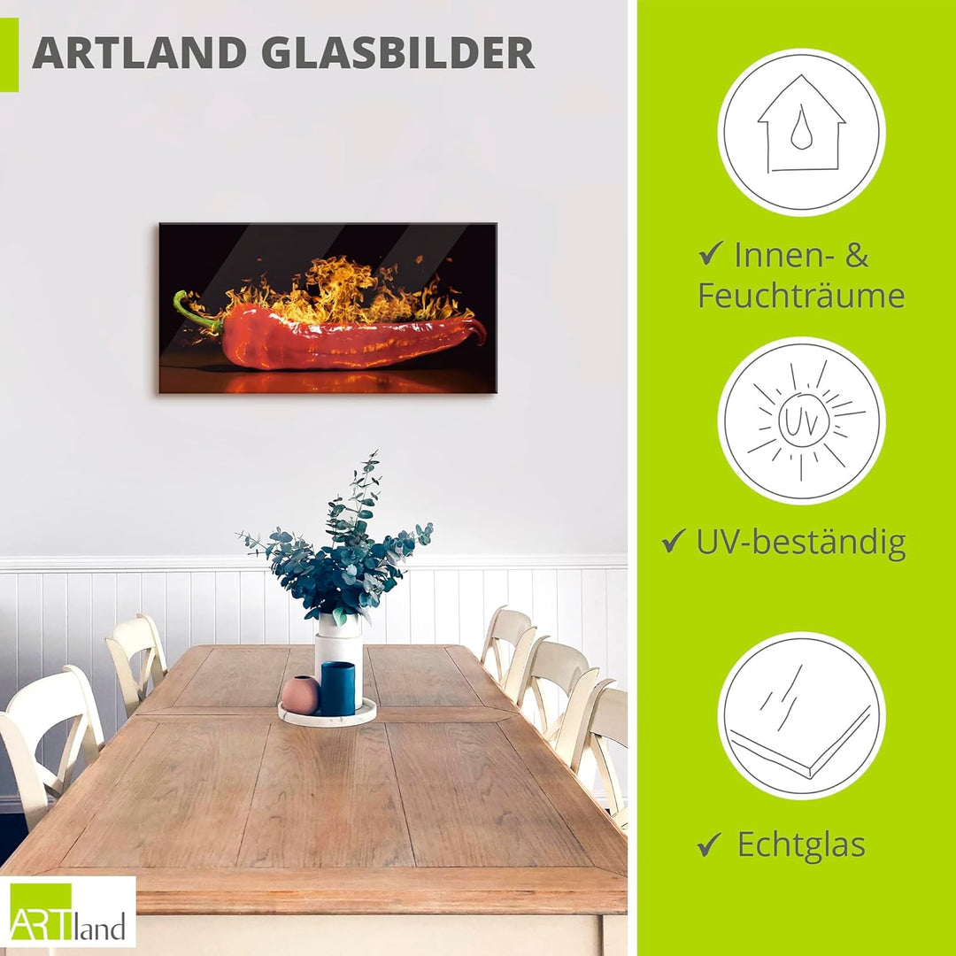 ARTland Glasbilder Wandbild Glas Bild einteilig 100x50 cm Querformat Essen Gewürze Chili Feuer Peper