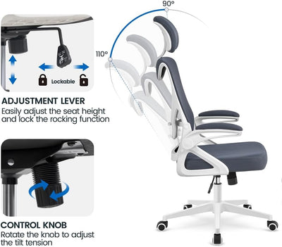 Yaheetech Bürostuhl Ergonomisch, Schreibtischstuhl mit Hochklappbaren Armlehnen, Drehstuhl mit Rücke