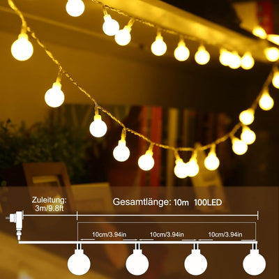 WOWDSGN Kugel Lichterkette, 100 LEDs 10m Dimmbar, Partylichterkette mit Stecker für Innen und Aussen