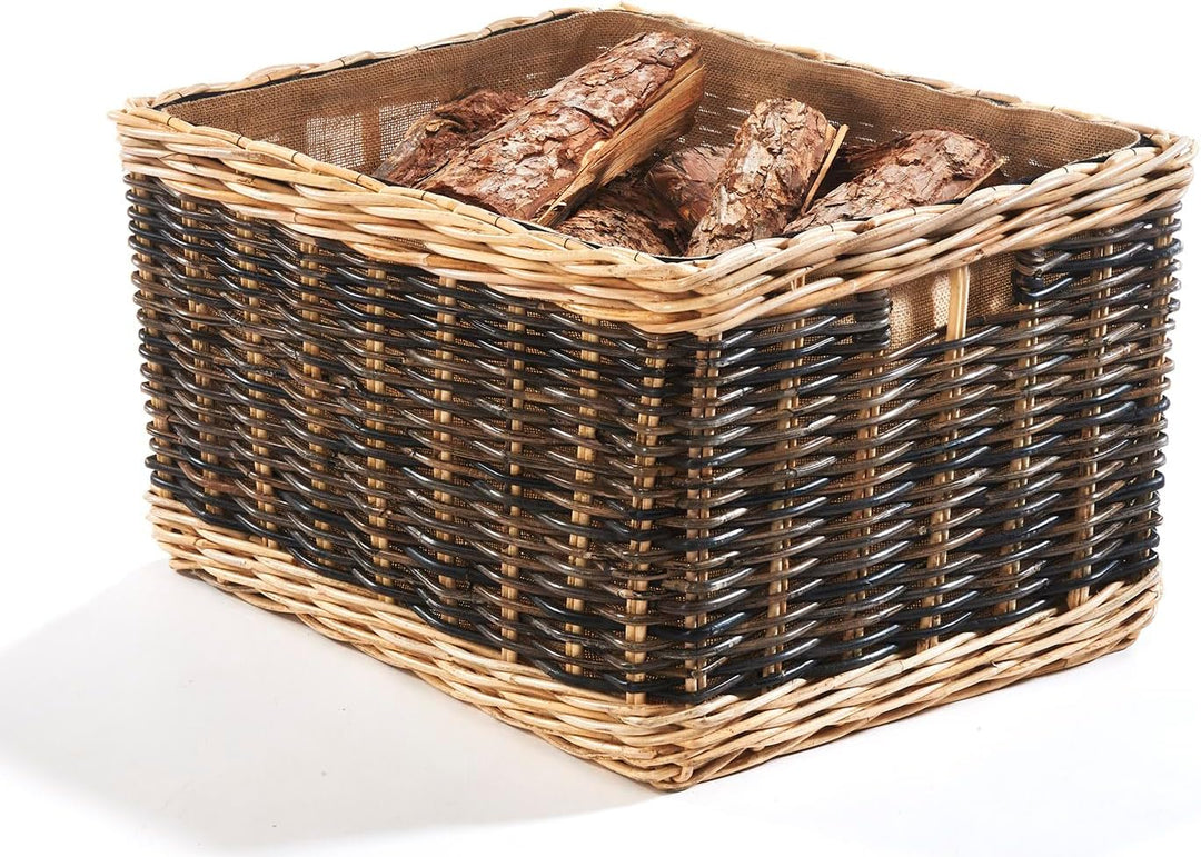 Kobolo Holztrage Holzkorb für Kaminholz - Rattan - mit Jutestoff und Henkel ausgestattet - zweifarbi
