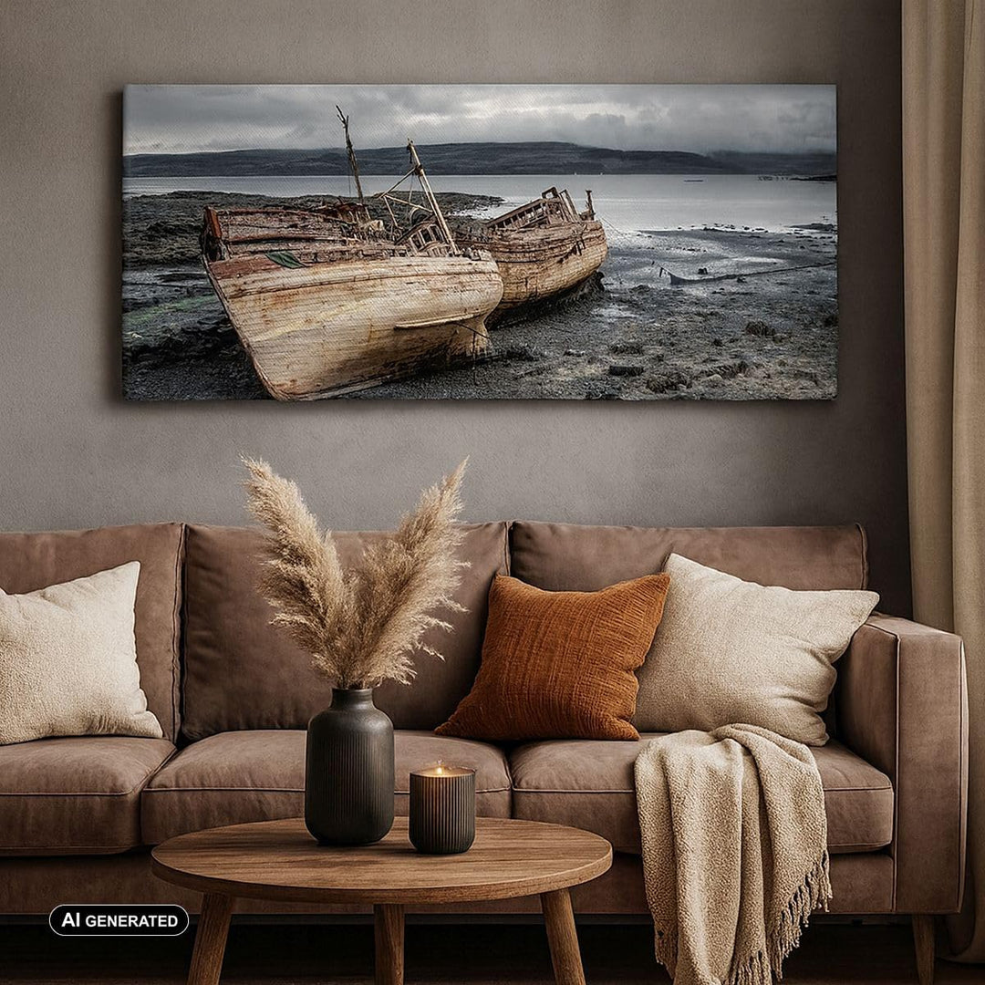 Wandbilder Dekoration Wohnzimmer Boot Wrack Ufer Panorama Bilder auf Leinwand 120x50cm Leinwandbild