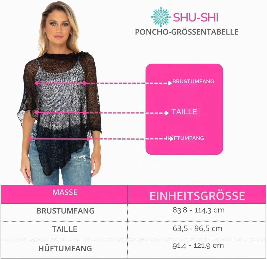 SHU-SHI - Damen Poncho-Top - transparent - leichtes Strickmaterial Weiss, Weiss