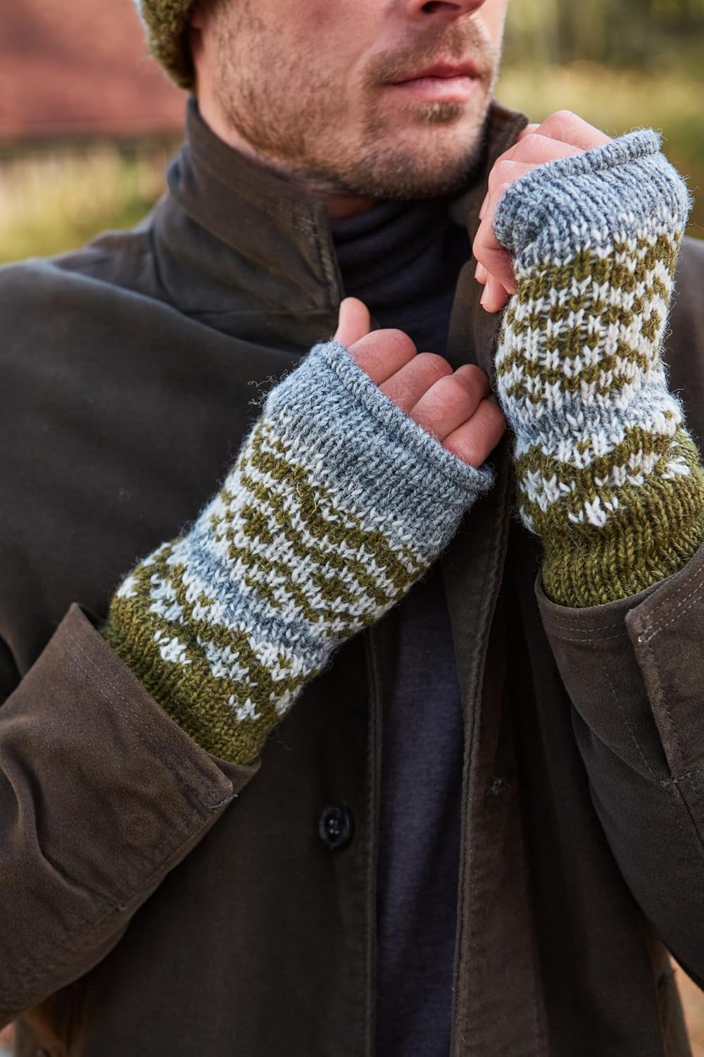 Pachamama Herren-Handwärmer aus Wolle, mit Fleece gefüttert, handgestrickt, Fairisle, Einheitsgrösse