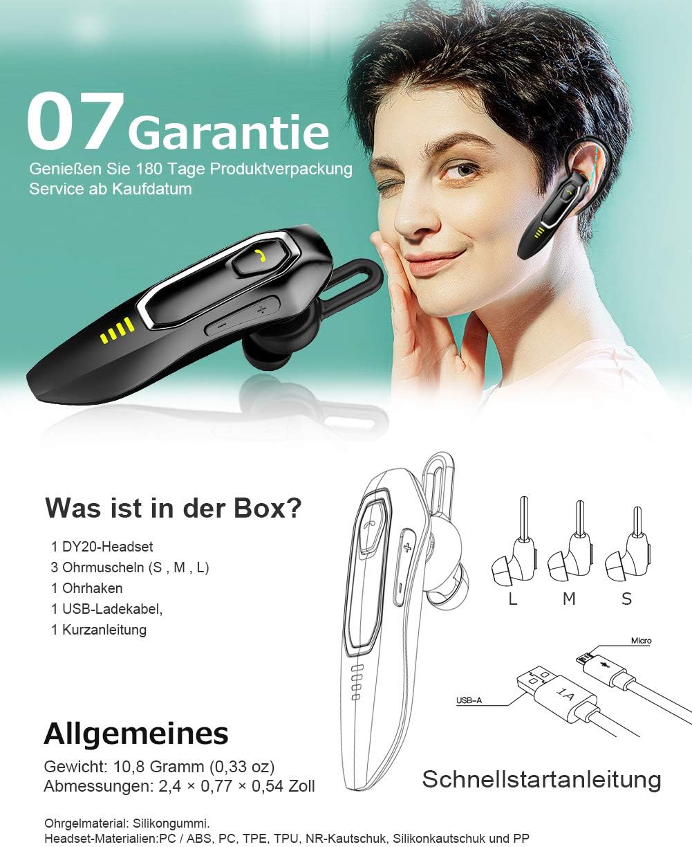 Bluetooth Headset Handy V5.0 mit Mikrofon, Unterdrückung von HD-Sprachgeräuschen, 30 Hrs Talking und