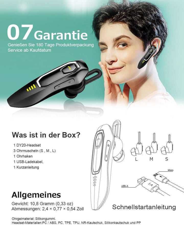 Bluetooth Headset Handy V5.0 mit Mikrofon, Unterdrückung von HD-Sprachgeräuschen, 30 Hrs Talking und