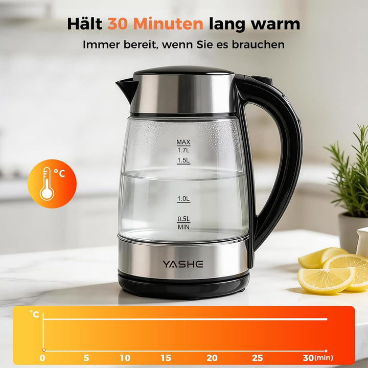 YASHE Wasserkocher mit Temperaturwahl 1,7L, 2200W Schneller Elektrischer Wasserkocher Glaswasserkoch