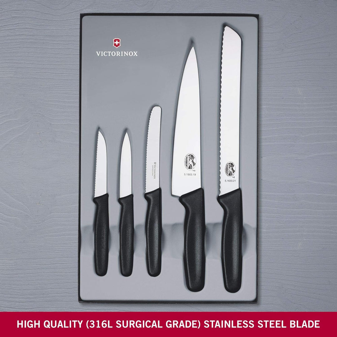 Victorinox Swiss Classic Küchengarnitur 5-teilig, Wellenschliff und gerader Schliff, schwarz, Single