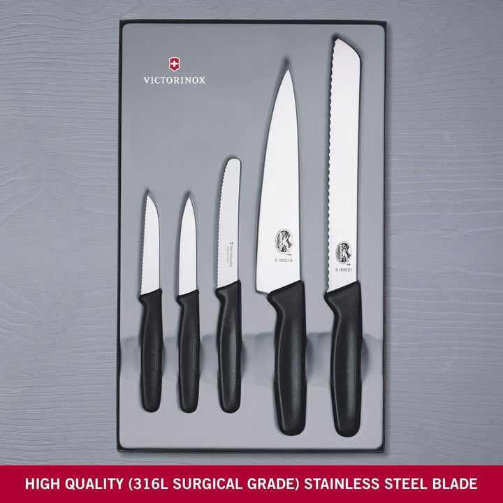 Victorinox Swiss Classic Küchengarnitur 5-teilig, Wellenschliff und gerader Schliff, schwarz, Single