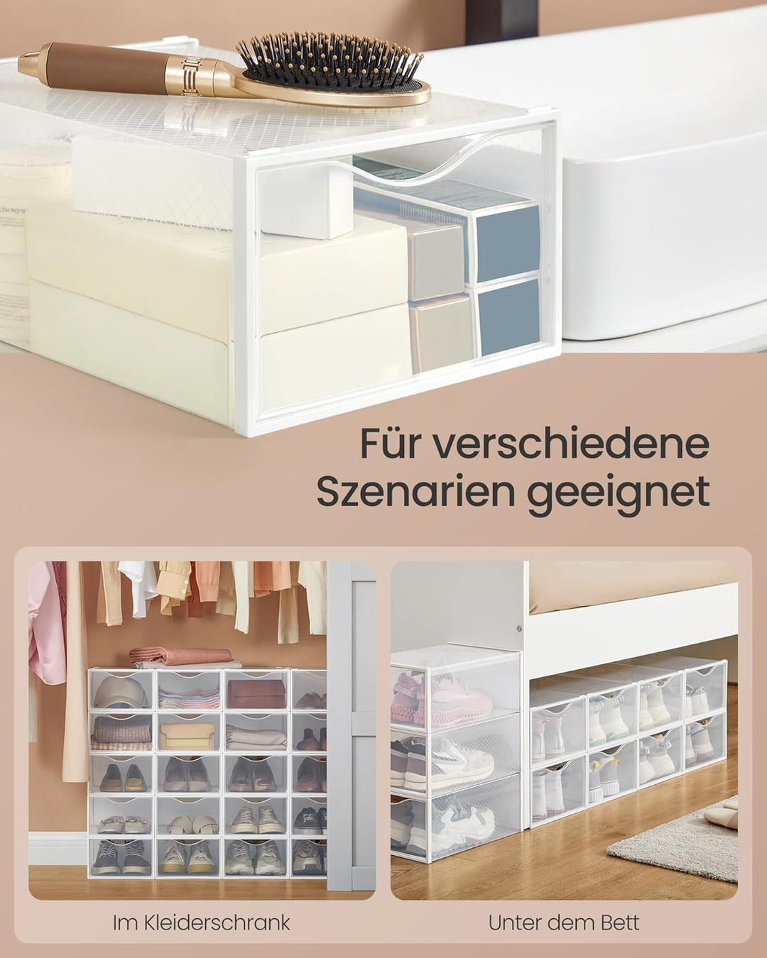 SONGMICS Schuhboxen, Schuh-Organizer aus Kunststoff, mit Tür, durchsichtig, 18er Set, stapelbar, ein