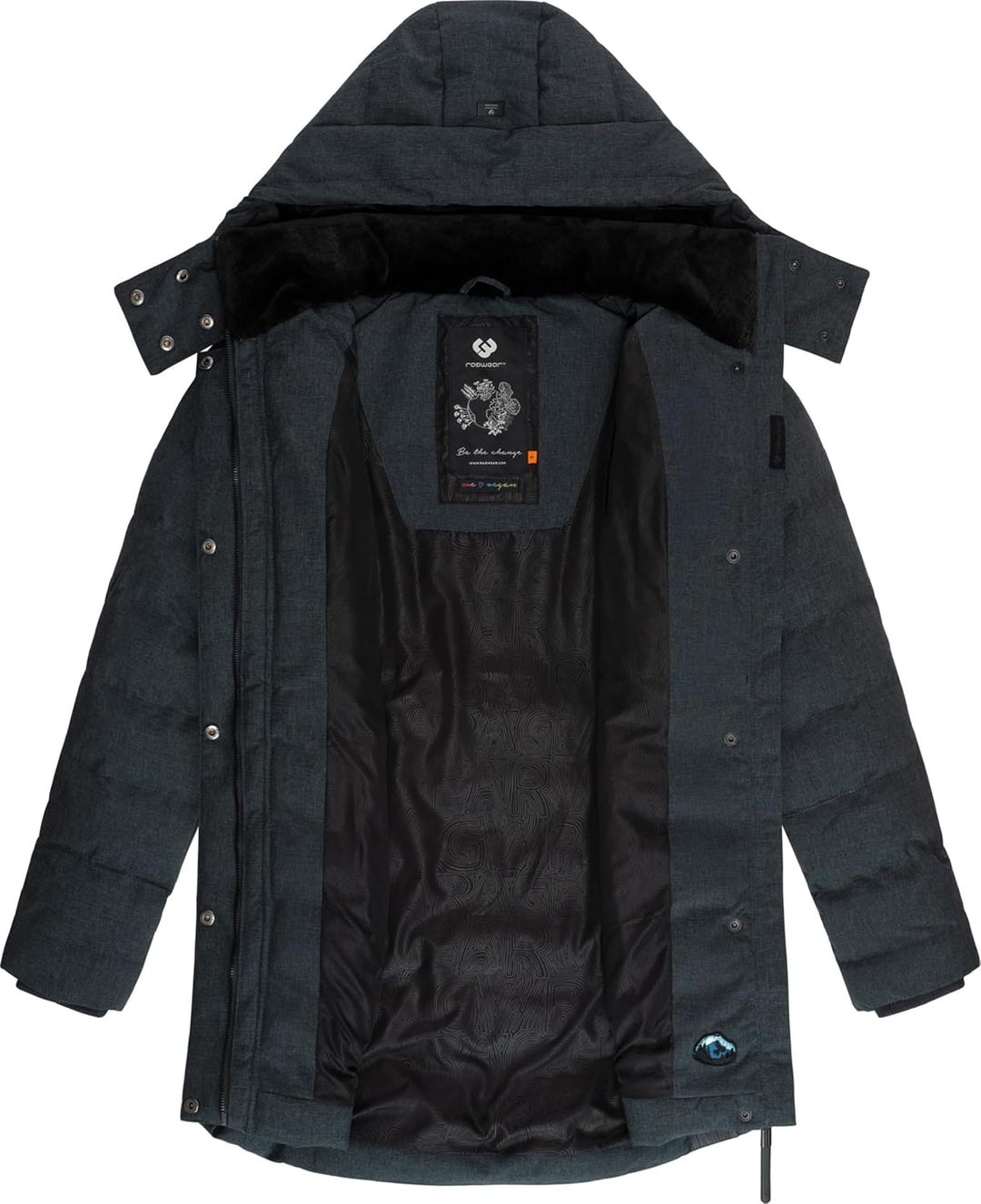 Ragwear Damen Wintermantel Warmer wasserdichter Steppmantel lang mit Kapuze Ashanta Block XS-6XL M D
