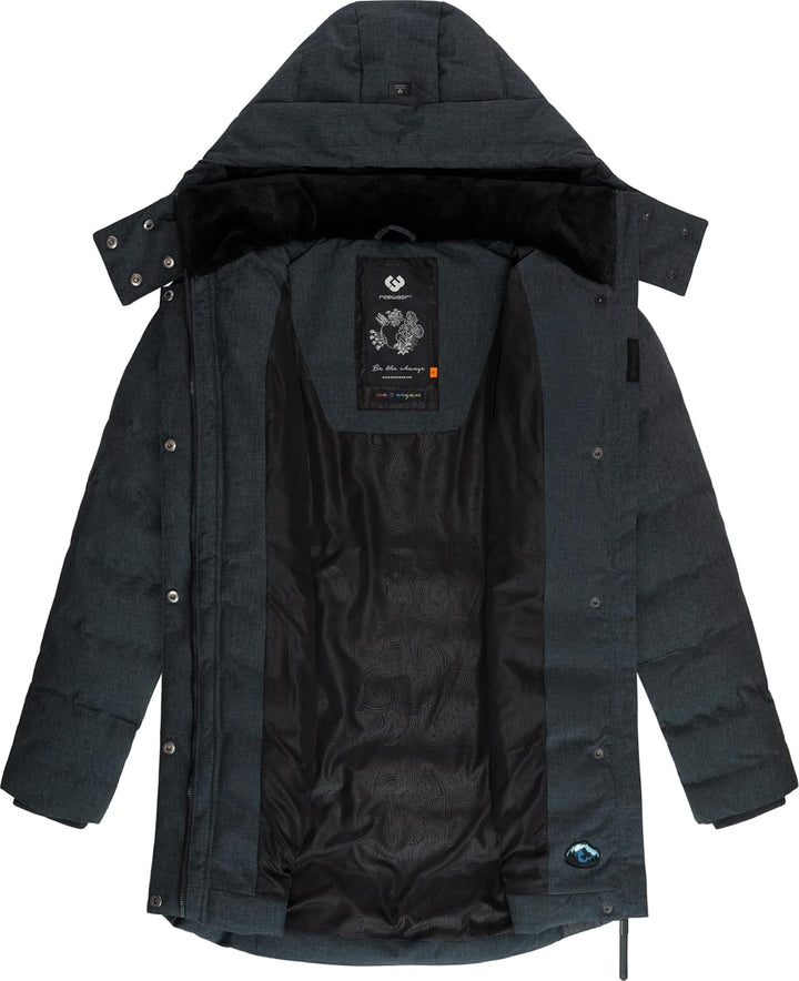 Ragwear Damen Wintermantel Warmer wasserdichter Steppmantel lang mit Kapuze Ashanta Block XS-6XL M D