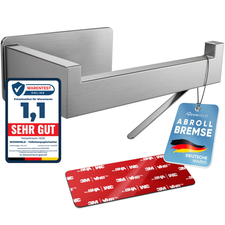 WOHNHELD® Toilettenpapierhalter ohne Bohren [Mit Abroll-Bremse] Edelstahl - Silber & Schwarz - Kloro