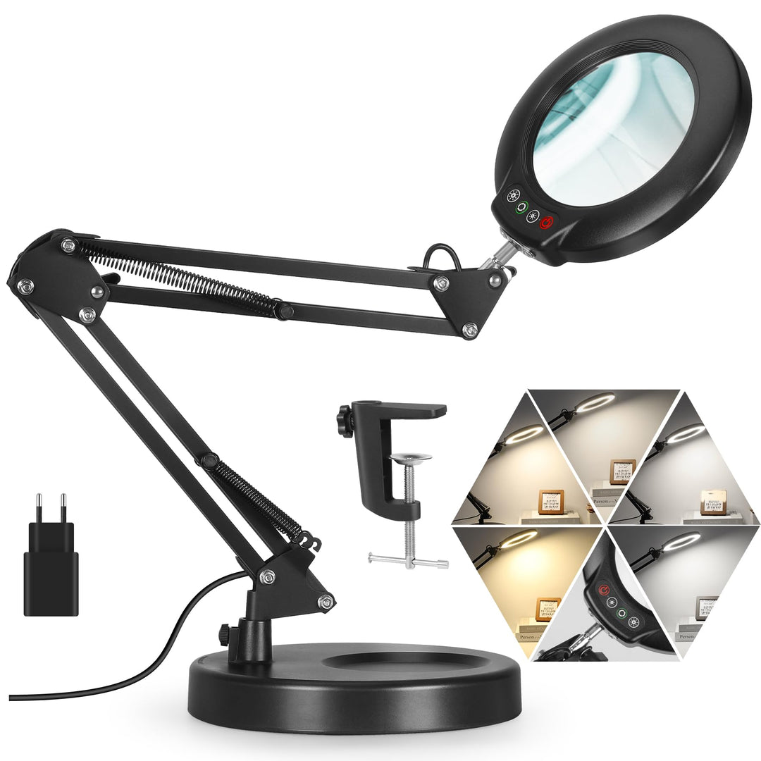 Veemagni 10X Lupe mit Licht, 5 Farbmodi Stufenlos Dimmbar 2-in-1 Schreibtischlampe und Klemme, LED B