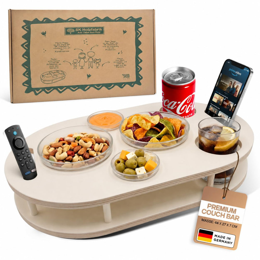 Couchbar Snackbox in weiss mit 4 Glasschalen - Sofabar für Snacks und Getränke - Getränkehalter für