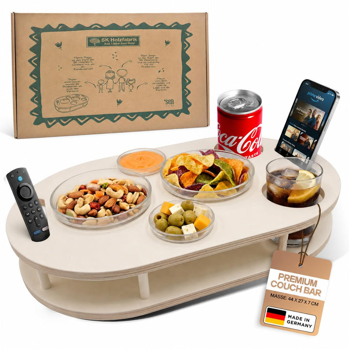 Couchbar Snackbox in weiss mit 4 Glasschalen - Sofabar für Snacks und Getränke - Getränkehalter für