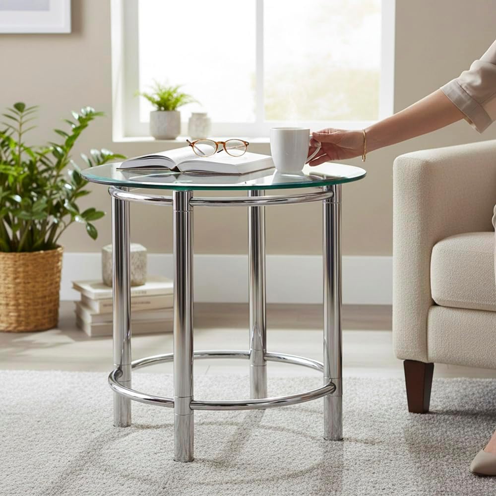 HAKU Möbel Beistelltisch, Chrom, Metall, Sicherheitsglas 10 mm - Masse: H 53 x Ø 55 cm, Style: Conte